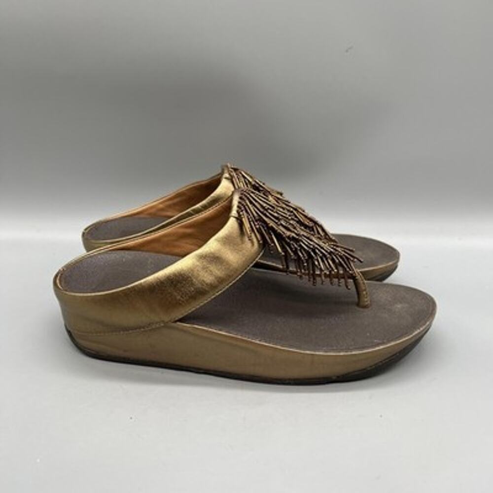 FitFlop Sandals Womens 7 Gold Synthetic Beaded Fringe Thong Wedge Comfort Shoes